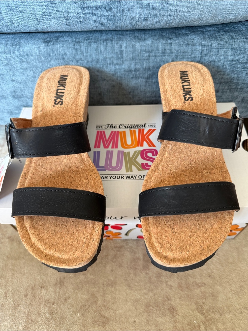 Muk Luks Black Double-Strap Cork Slide Sandals with Adjustable Ankle